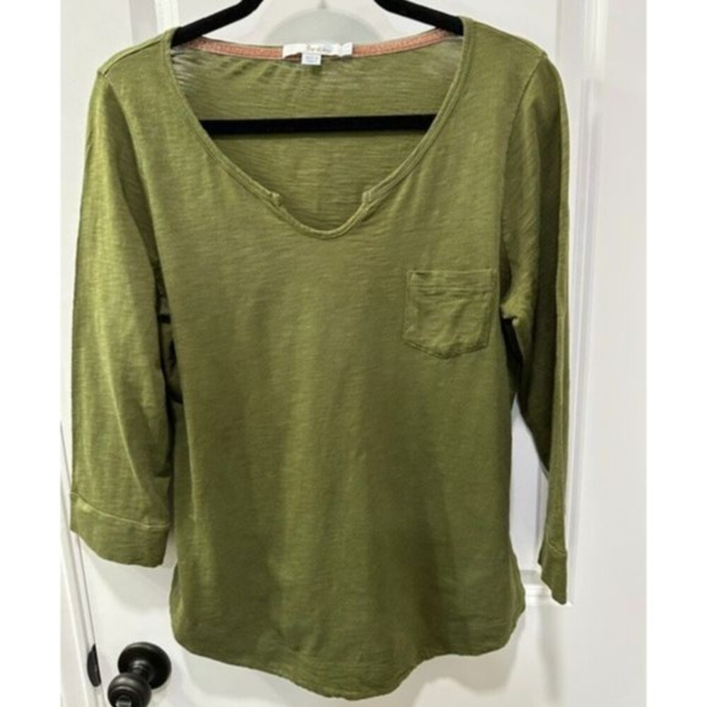 Boden Womens 8 Olive Green Slub Cotton V-Neck Pocket Top 3/4 Sleeve